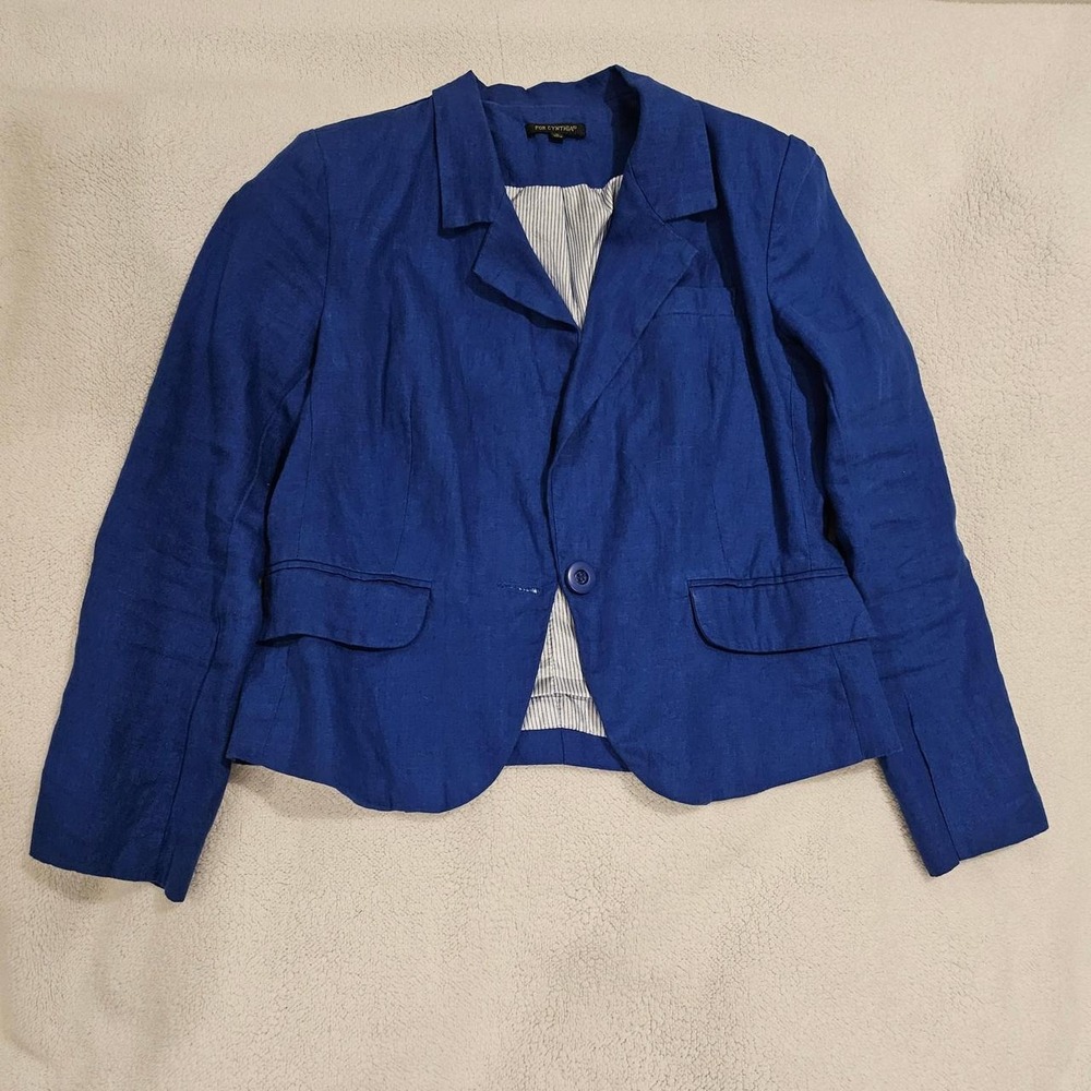 For Cynthia Blue linen blazer with white pinstripes lining